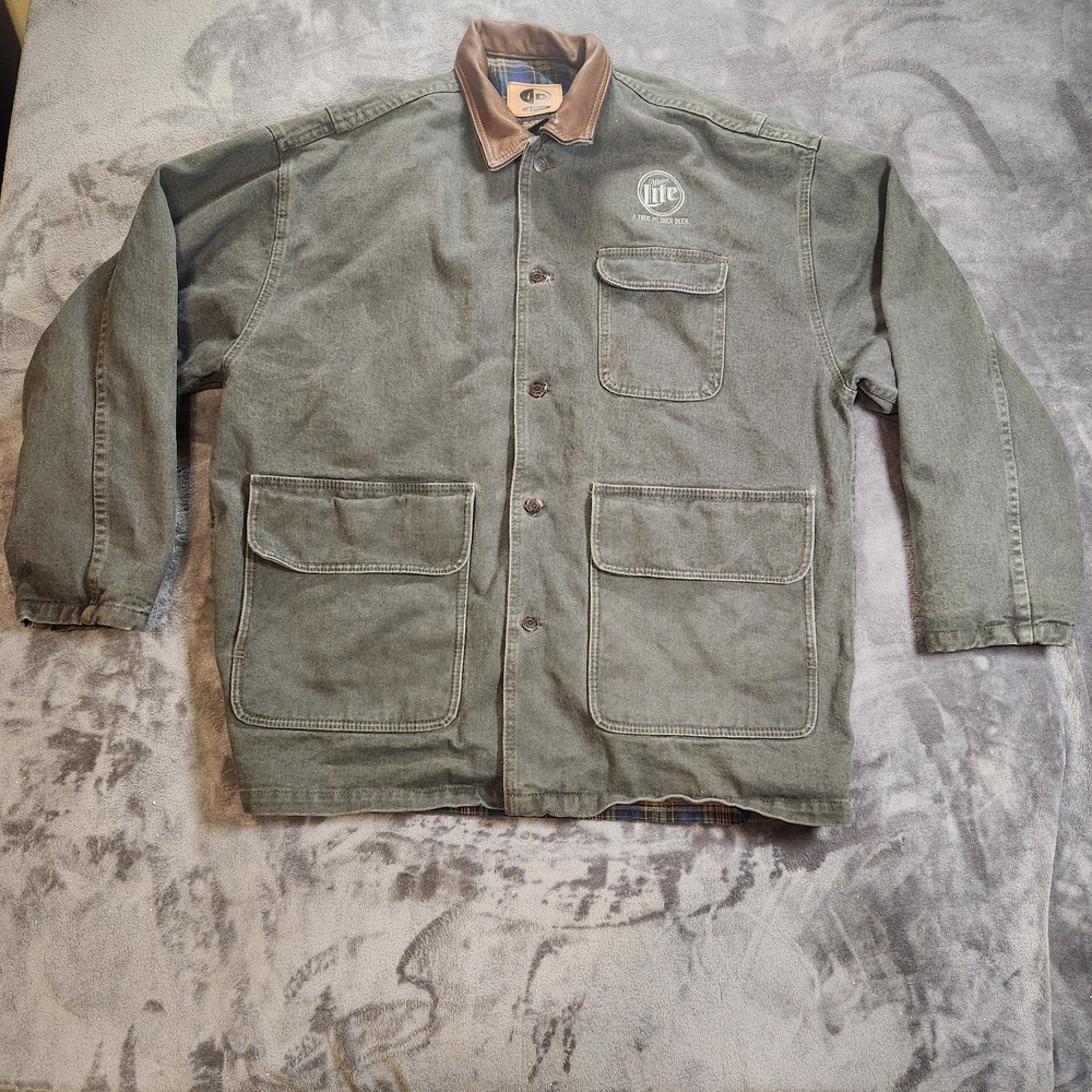 Miller Lite Jacket Mens XL Green ID Wear Heavy Duty Chore Flannel Lined Vintage